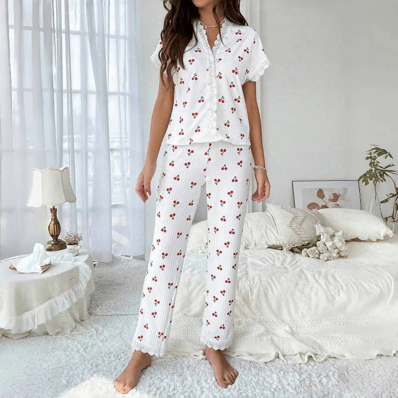 Women Home Wear Cherry Print Water Soluble Embroidery Flared Sleeved Sweatpants for Everyday Wear Lace Pajamas