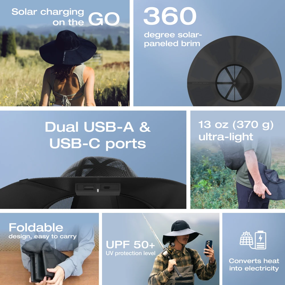 ECOFLOW Power Hat, Solar Charging Bucket Fishing Hat, Dual USB-A/USB-C Ports, SPF 50+ Wide Brim Sun Hats, XLarge 24 in, Black