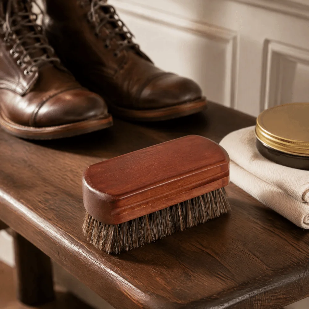 Wooden Base Shoe Polishing Brush Gentle Horsehair Brown Leather Shoe Brush Ergonomic Grip Lightweight