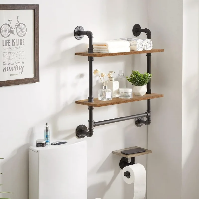 

Pipe Floating Shelves,Rustic Iron 28.5 inches Industrial Pipe Shelf,2-Tier Wall Shelf with Towel Bar,Wall Mount Bookshelf