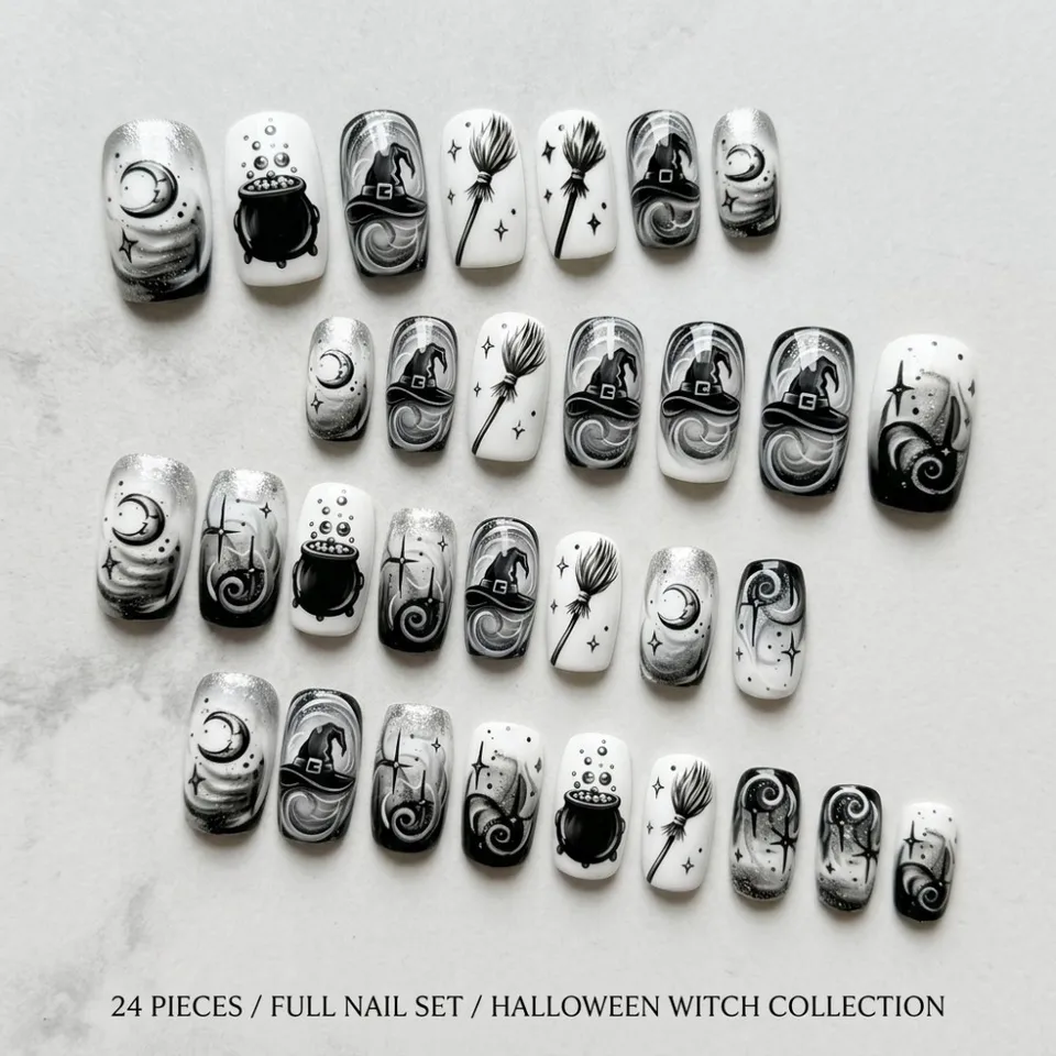 24 Piezas Uñas Presionadas de Halloween con Telarañas Espeluznantes, Rojas y Brillantes, Cuadradas, Tips de Arte de Uñas Góticas para Fiestas, Uñas Acrílicas Falsas 5