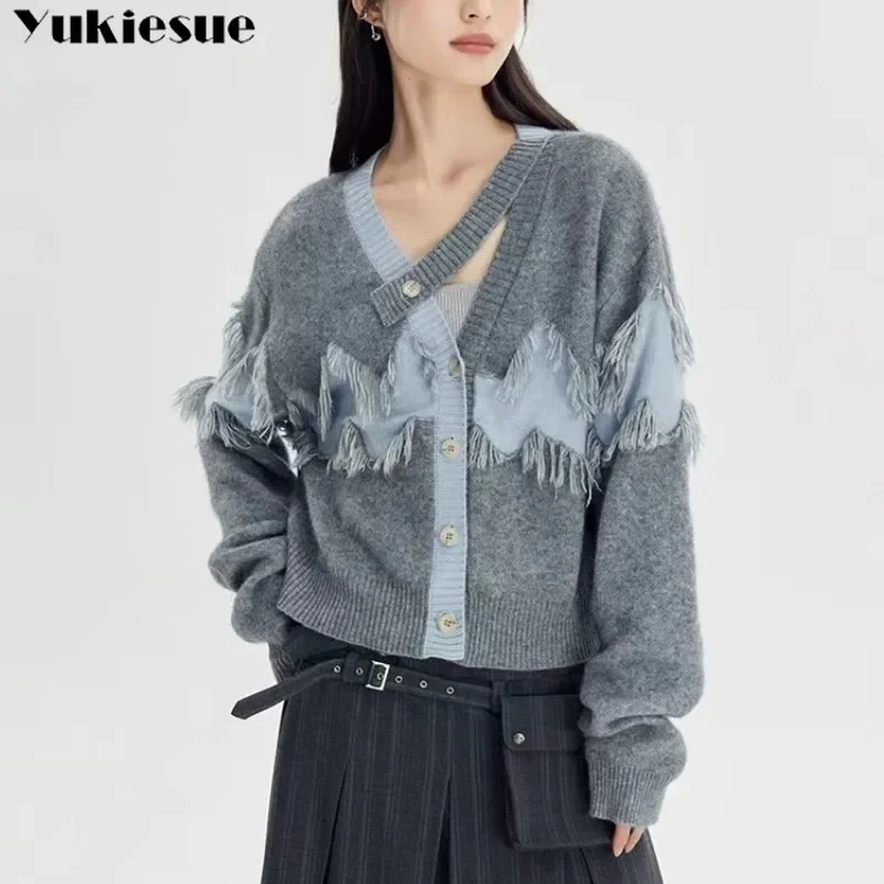 

Spring Autumn Women Long Sleeve Single-breasted Knitwears Harajuku Sweater Tops Tassel Contrast Color Vintage Design Cardigan