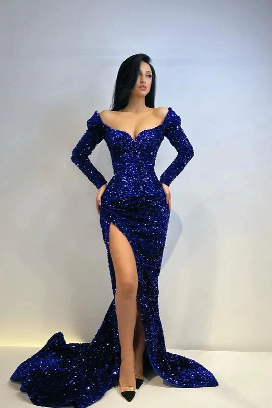 On Zhu Sexy Evening Dresses Long Sleeves Sequins Scoop Neck Party Night Split Formal Prom Party Gowns Women Robe De Soiree