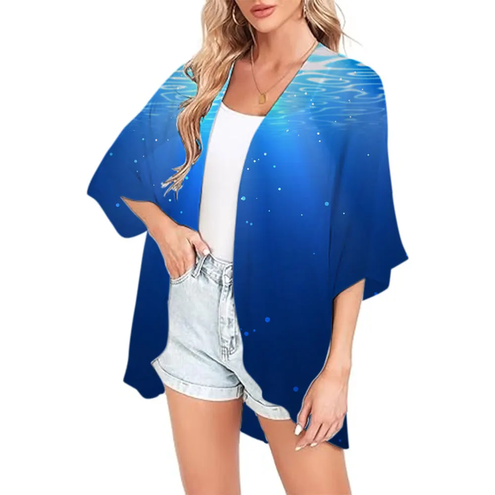 Underwater World Women's Chiffon Cover-ups Blue Printed Bikini Kimono Cardigan Tops T-Shirts Kimono Swimwear Beach Sundress Coat