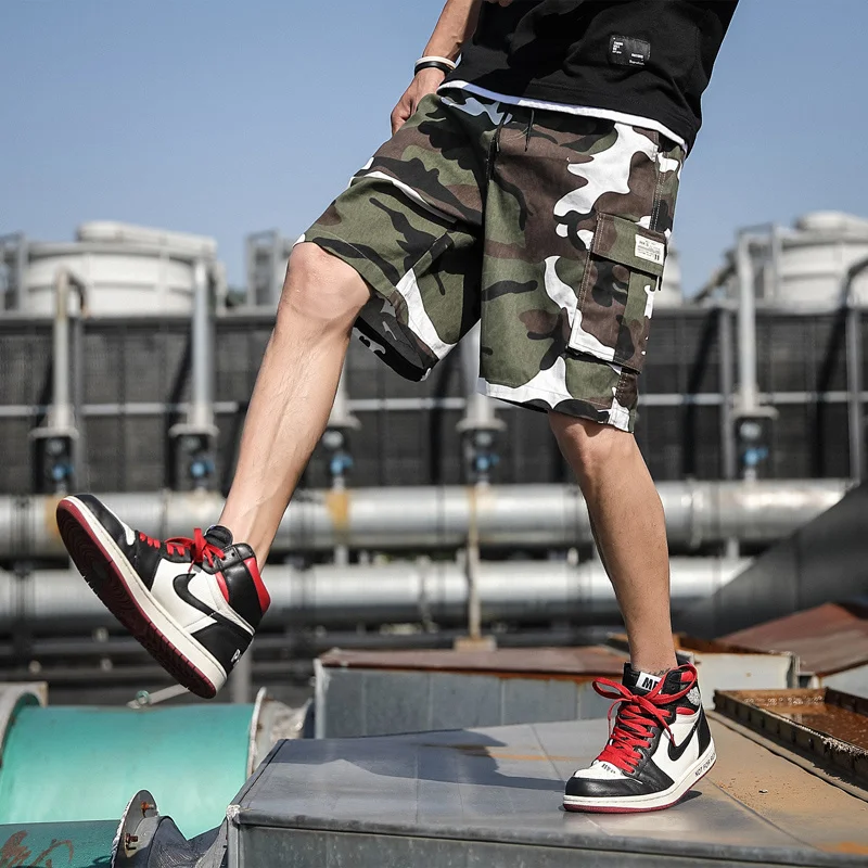 

LBL Summer Cargo Shorts Mens 2022 Casual Cotton Shorts Camouflage Work Trousers Knee Length Elastic Waist New Men Chino Shorts