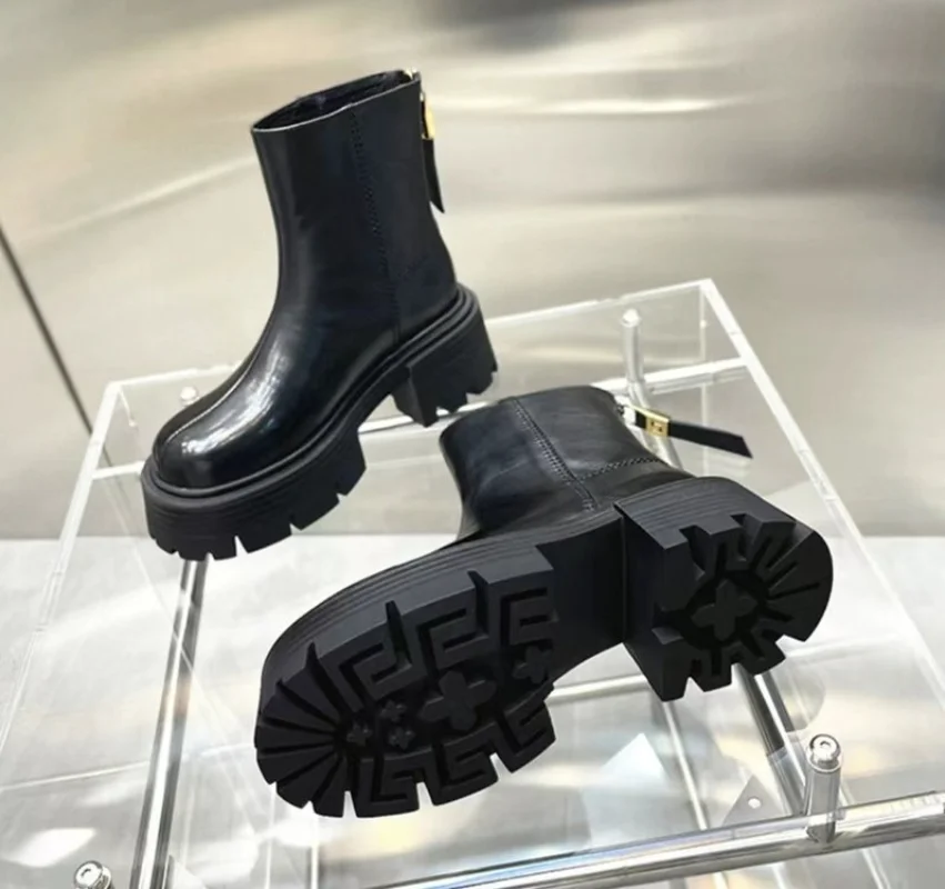 Botines de tacón alto con punta redonda para mujer, botas de plataforma con cremallera trasera, novedad de 2023