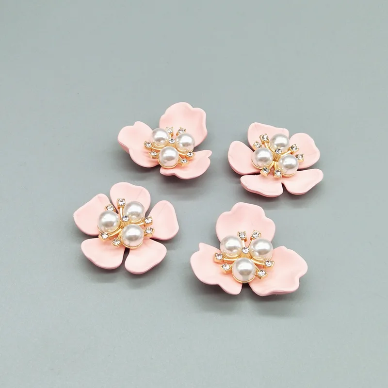 5 Pcs Rhinestone Pearl Accessories Pink Flower Button for DIY Brooch Headwear Bridal Fan Bouquet Crafts Material Jewelry Making