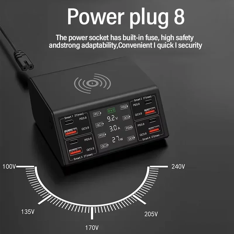 100 W 8 Ports USB Ladegerät Station Drahtlose Lade Digital Display Bildschirm QC PD 3,0 Schnell Ladung Für Tablet iPhone Samsung Xiaomi