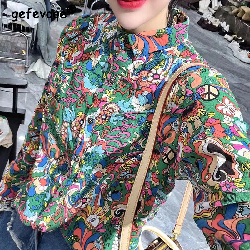 Women\'s Vintage Floral Printed Harajuku Shirt Fashion Lapel Long Sleeve Loose Blouse Spring Autumn Casual Chic Tops Blusas Mujer