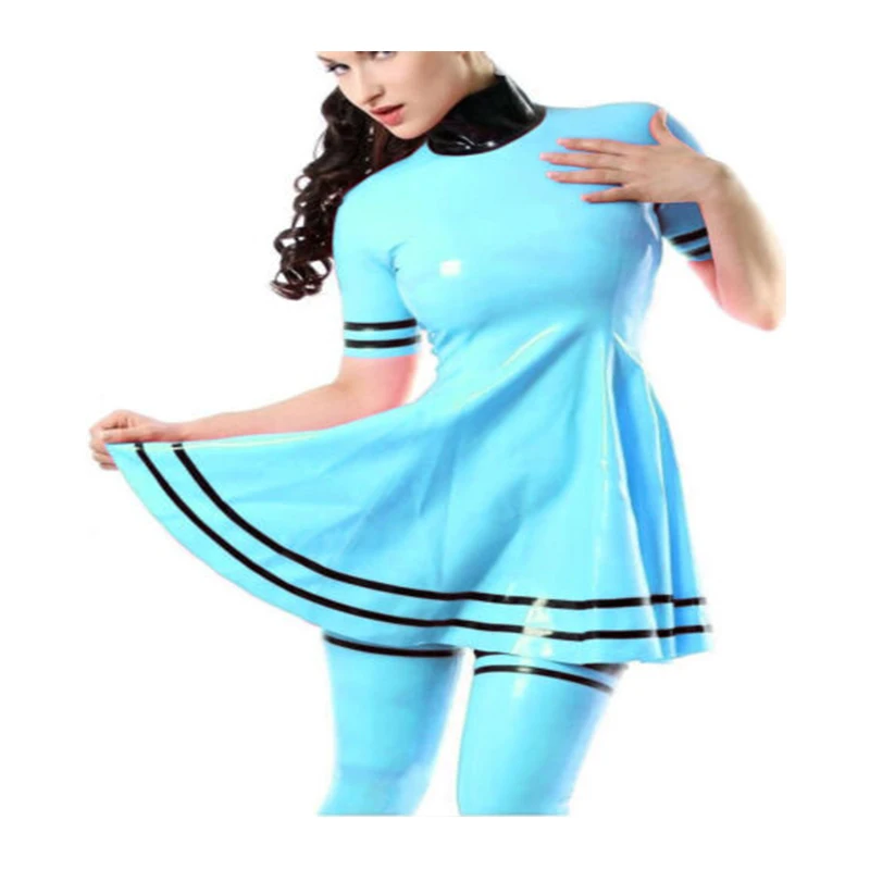 

Latex Dresses Rubber Sky Blue Short Sleeve Skirt 0.4mm S-XXL for Women