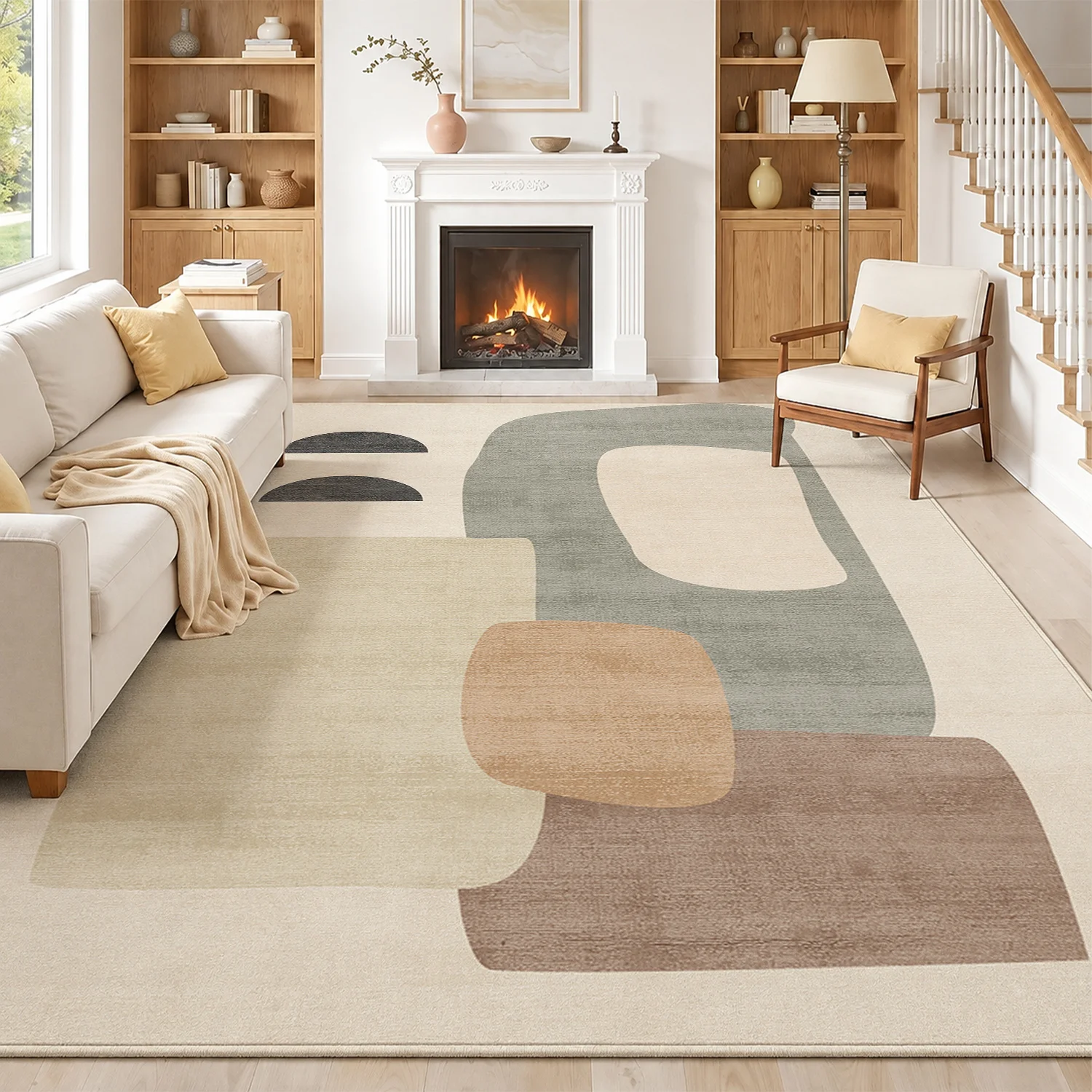 Large Abstract Geometric Area Rug, Soft Velvet Low Pile with Non-slip Dotted Backing, Machine Washable Neutral Modern Indoor Floor Carpet for Living Room Bedroom Decor