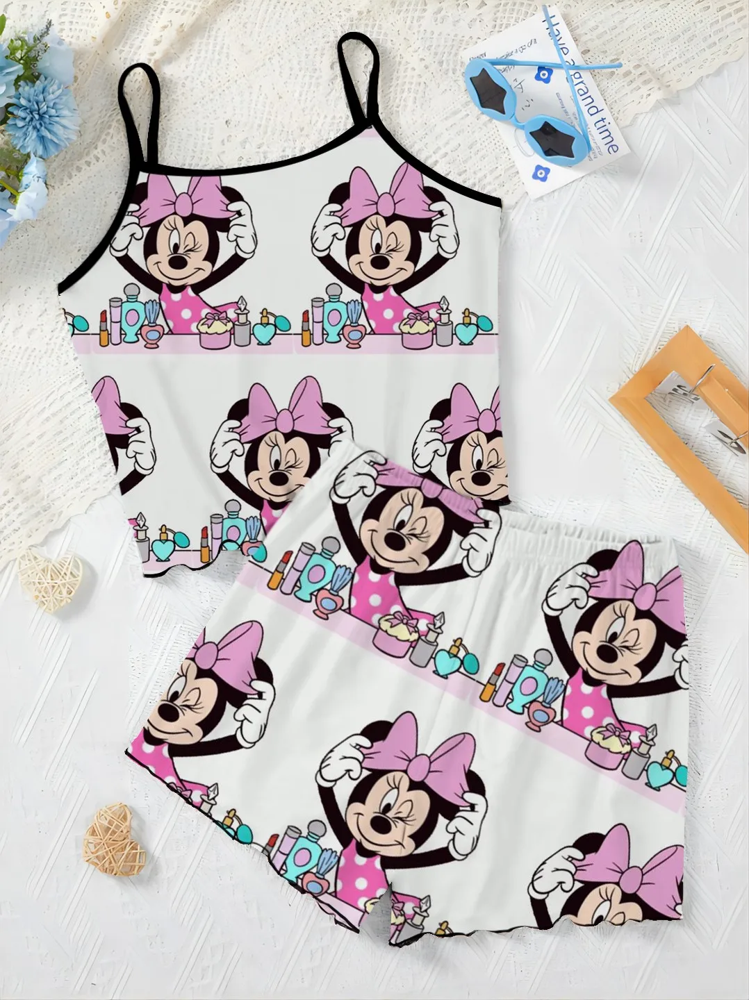 Top Sla Trim Minnie Mouse Korte Sets Voor Dames 2 Stuks T-Shirt Dames Pak Pyjama Rok Slip Dress Disney Mickey Elegant