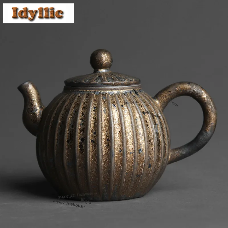 

Чайник для заваривания чая 300 мл, фарфоровый, с эффектом фамбе, черненый, с золотым декором, с отверстием для заварки, аксессуар для кафе, украшение