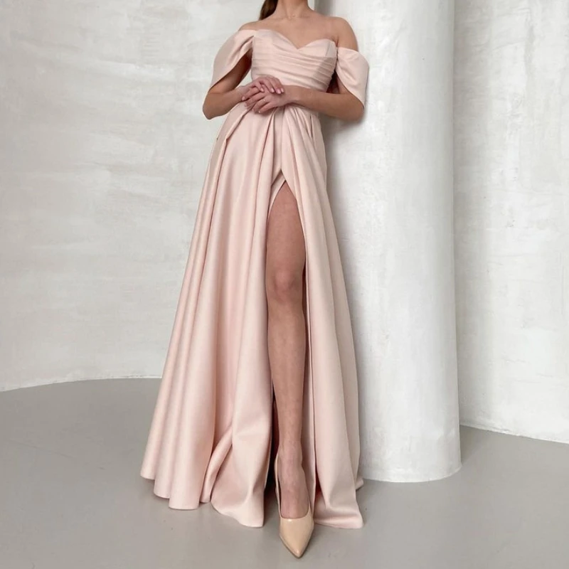 

French Sweet Slash Neck Satin Long Evening Party Gown High End Solid Slim Side Split Design Prom Vestidos Fashion Trend Dresses