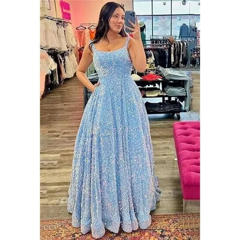 Customized Long Evening Party Gowns Spaghetti Straps Sequin Prom Dresses 2025 Long Sparkly A Line Formal Ball Gowns with Pockets #1