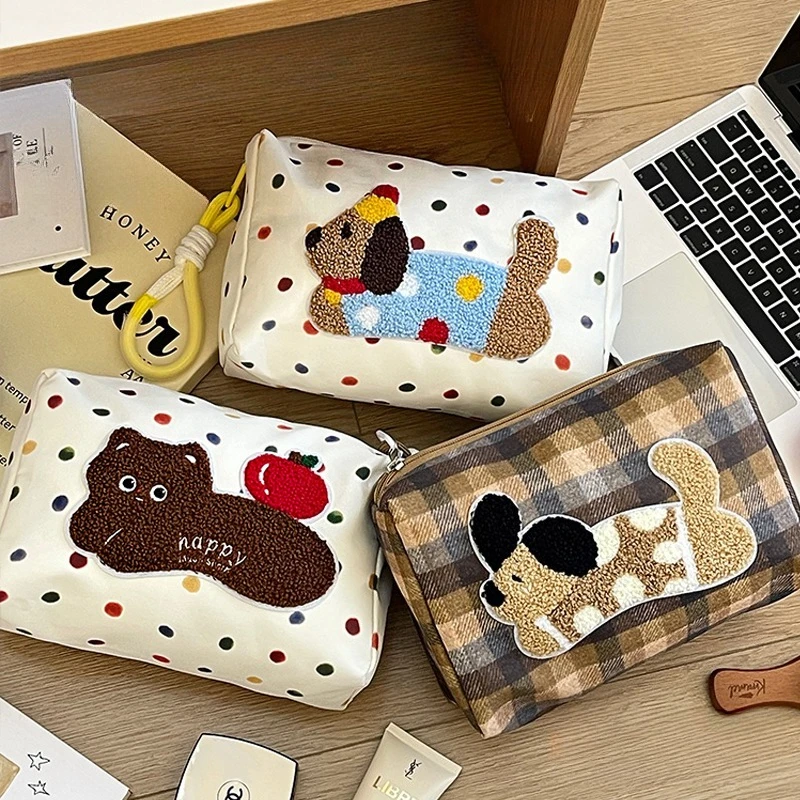 1PCS Cute Towel Embroidery Soft Fabric Pouch Spacious Interior Portable Hand Bag for Stationery Daily Sundries Organization