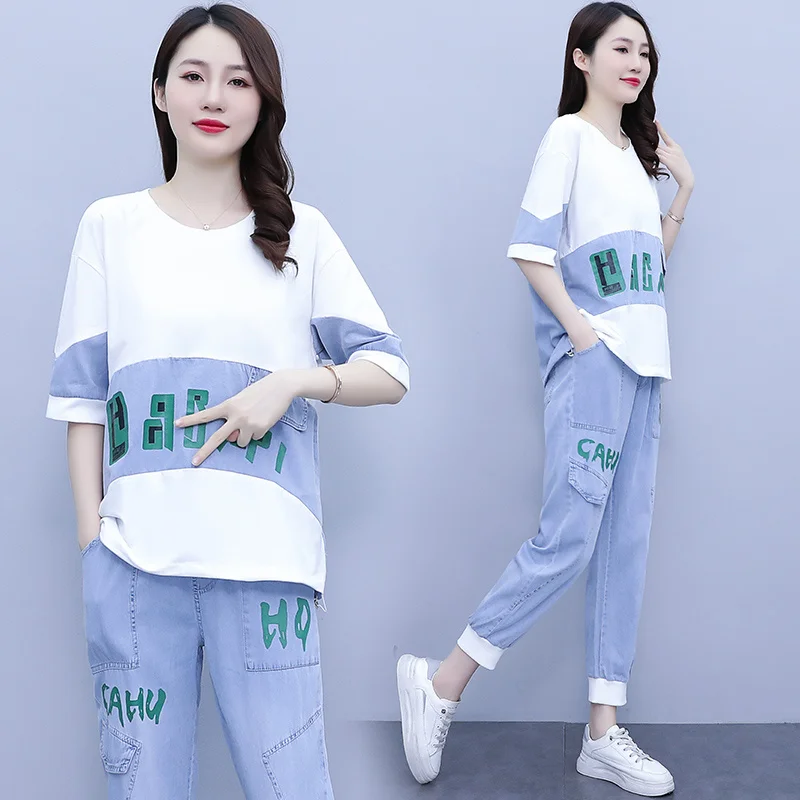 Cowboy Sports Suit Women\'s 2024 Summer New Fashion Loose Slim Short-sleeved Casual Two-piece Female Splicing Printing Denim Sets