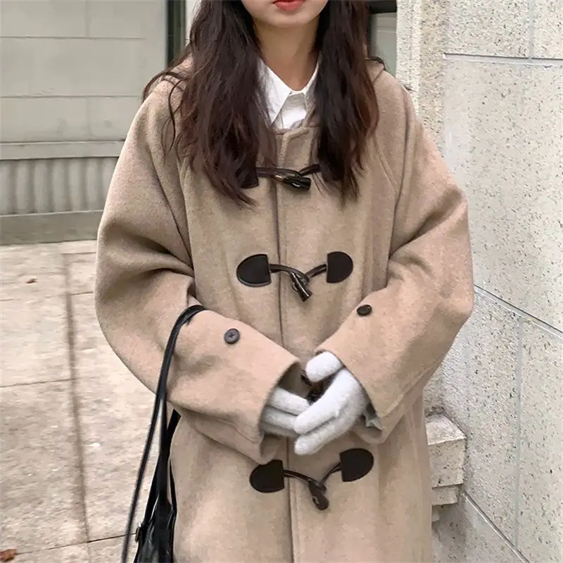 Fashion women's hooded horn buckle wool coat women's autumn and winter Lunren wind loose over the knee thickened mid-long coat