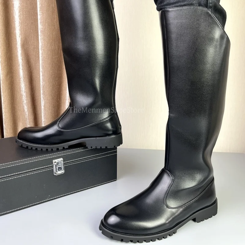 

Дышащие кожаные сапоги для мужчин, высокие до колена, вестерн-ботинки, повседневные черные кожаные сапоги с круглым носком, размер 46