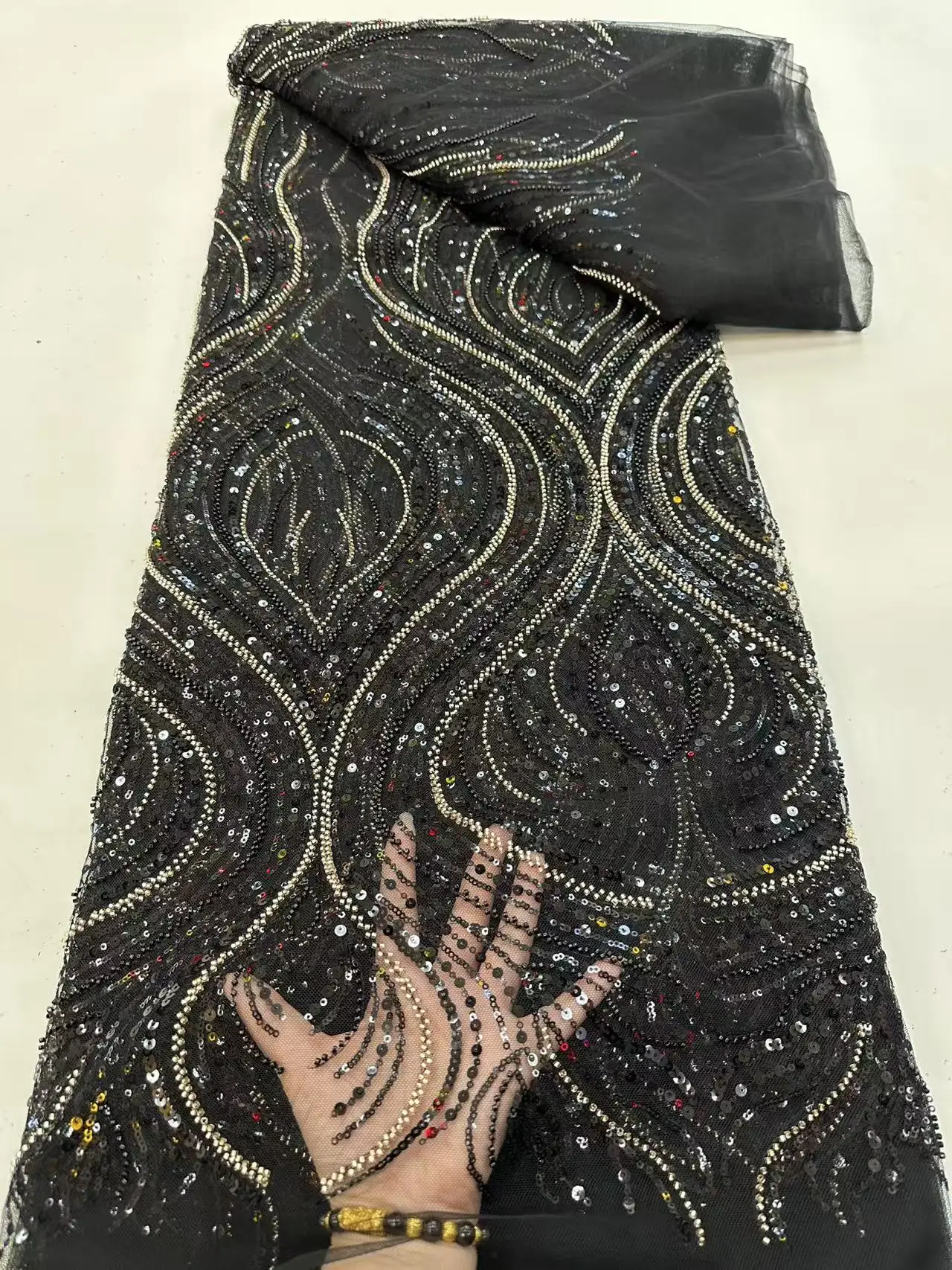 

Black Luxury 5 Yards 2026 High Quality French Heavy Net Sequin Fabric Beaded 3D Lace African Nigerian For Wedding Fabric Hm226-1