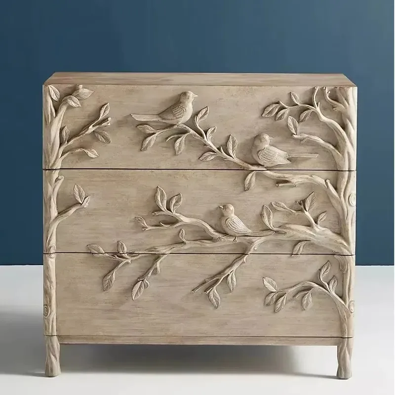 Hand Carved Solid Teak Wood Bedside Table Nightstand for Bedroom Living Room Dining Area Side Cabinet Storage Locker