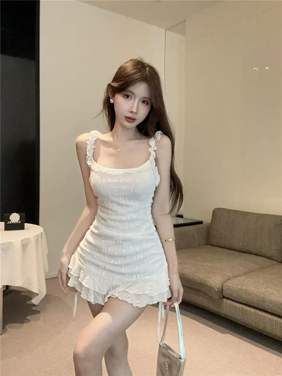 Słodka biała sukienka na ramiączkach dla kobiet Seksowna sukienka ze sznurkiem w talii Spicy Girls Mini sukienki Letnie bez rękawów Y2k Vestidos