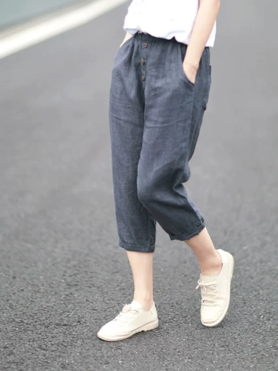 

Повседневные хлопковые и льняные шаровары, женские свободные универсальные утягивающие льняные брюки с семью точками, прямые брюки с высокой талией