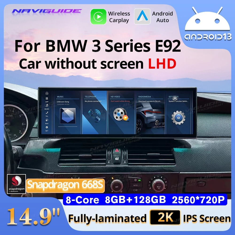 NAVIGUIDE 14.9'' Android 13 For BMW 3 Series E92 CCC/CIC LHD 2006-2010 Wireless CarPlay Auto Car Multimedia Player GPS Headunit