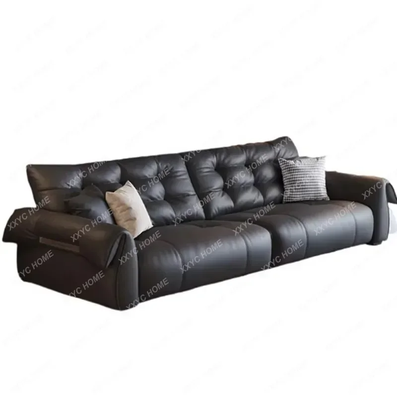 AAItalian Minimalist Retro Swan Leather Sofa Black First Layer Cowhide Living Room Straight Row Couch Wohnzimmer Furniture Home