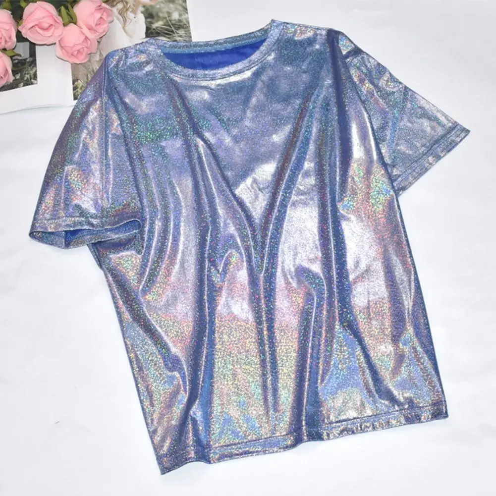 Women T-shirt Glossy Finish Glitter O Neck Short Sleeve Tee Shirt Thin Base Shirt Shiny Loose T-shirt Women T-shirt Shiny Top