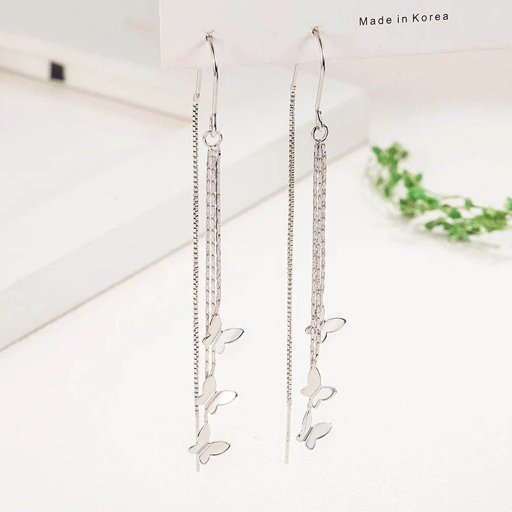 925 Sterling Silver Earrings Long Fringe Butterfly Earrings Ladies Fashion Simple Birthday Wedding Anniversary Jewelry Gift