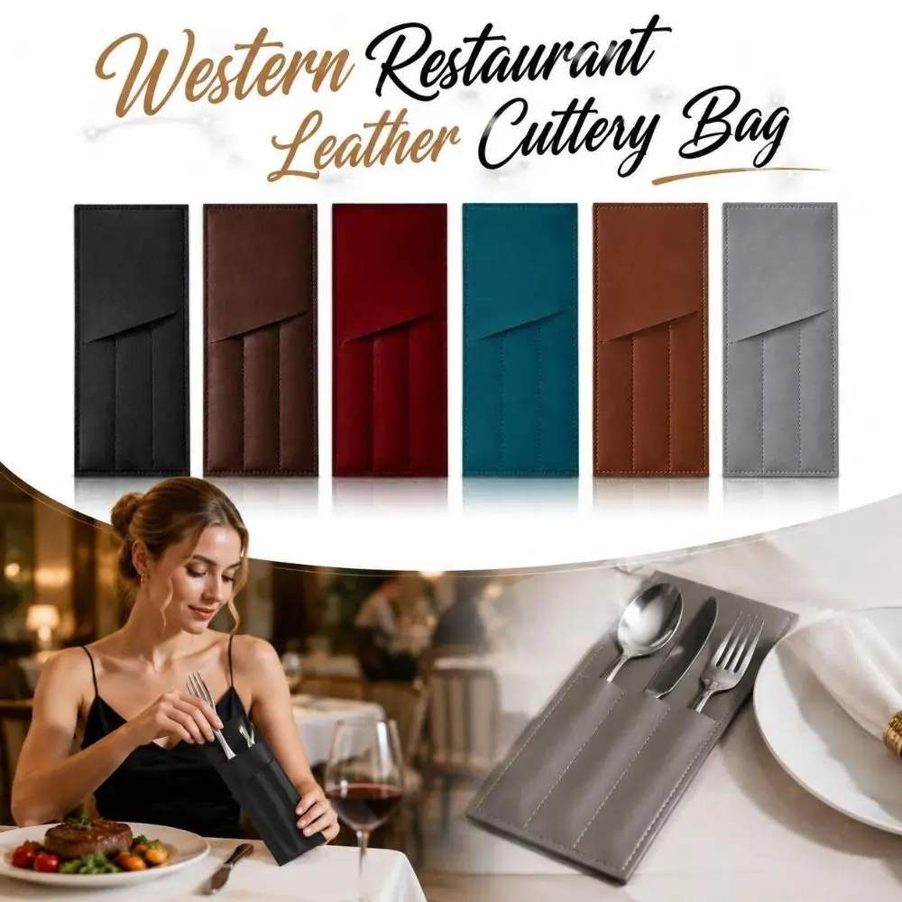 3 Pocket Western Restaurant Fork Cutlery Bag PU Leather Oil-resistant Cutlery Storage Pouch Multi-functional Solid Color