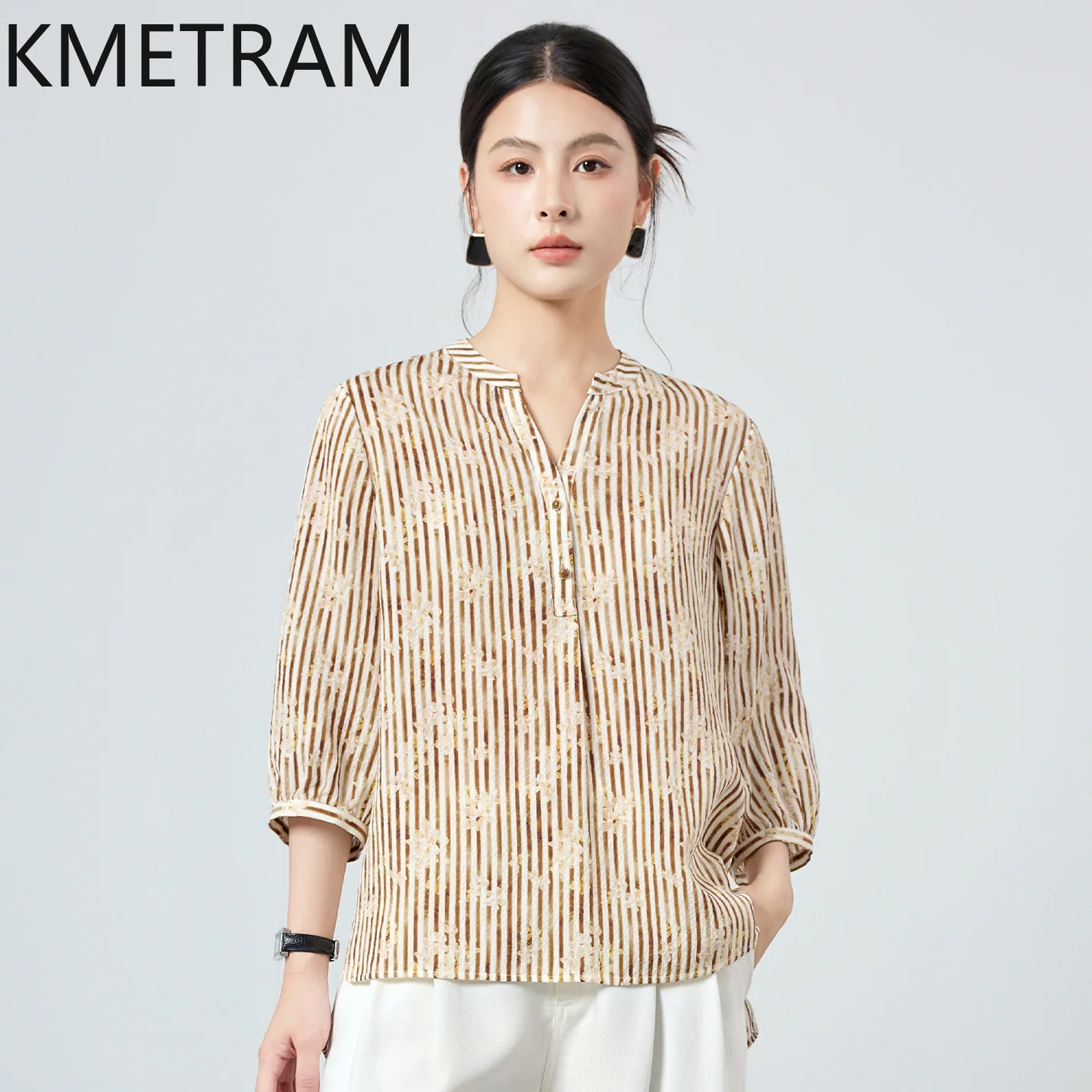 KMETRAM 16MM 100% Real Mulberry Silk Shirt Women Striped Floral Blouse V-Neck Loose Summer Tops for Woman Clothing 2026 рубашка