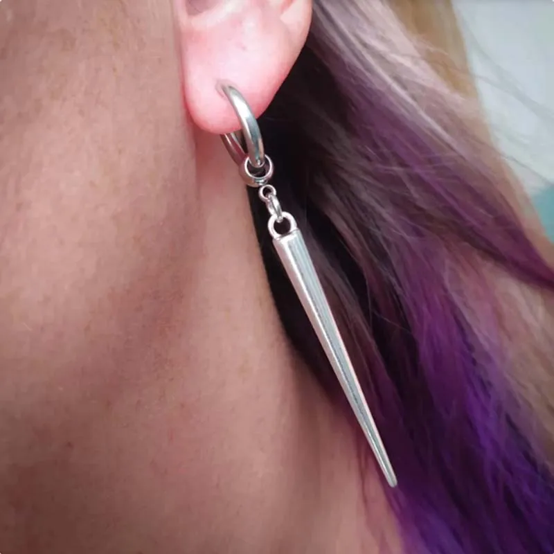 Punk Hip Hop Metal Spike Huggie Hoop Earrings For Men Women Vintage Gothic Silver Color Long Tassel Rivet Pendant Earrings Jewel