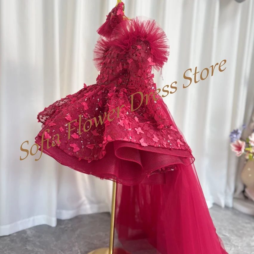 

Burgundy Flower Girl Dress Shiny Sequined A-Line Long Sleeves Puff Ruffles Dresses Girls First Communion Birthday Party GownS