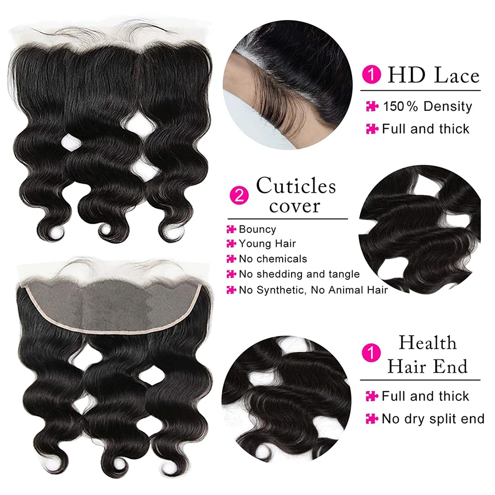 Cabelo Humano brasileiro Weave Bundles, onda do corpo solto, 13x4 Lace Frontal, extensões de cabelo cru, Tissage