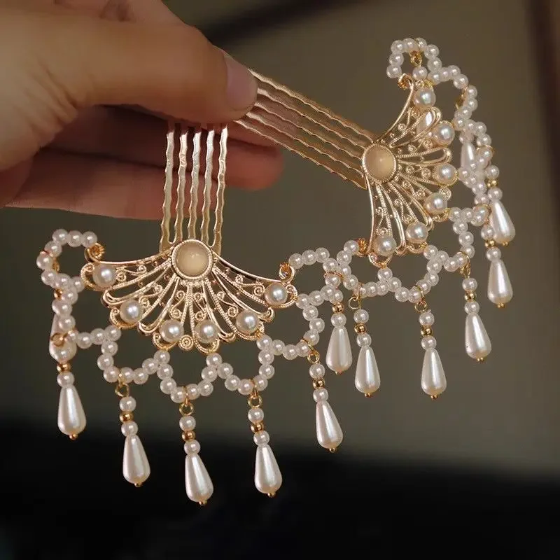 

Chinese Vintage Pearl Hair Comb Women Hanfu Cheongsam Comb Hair Side Hairpin Ancient Tasseled Pearl Hair Ornament Hanfu Hairpin