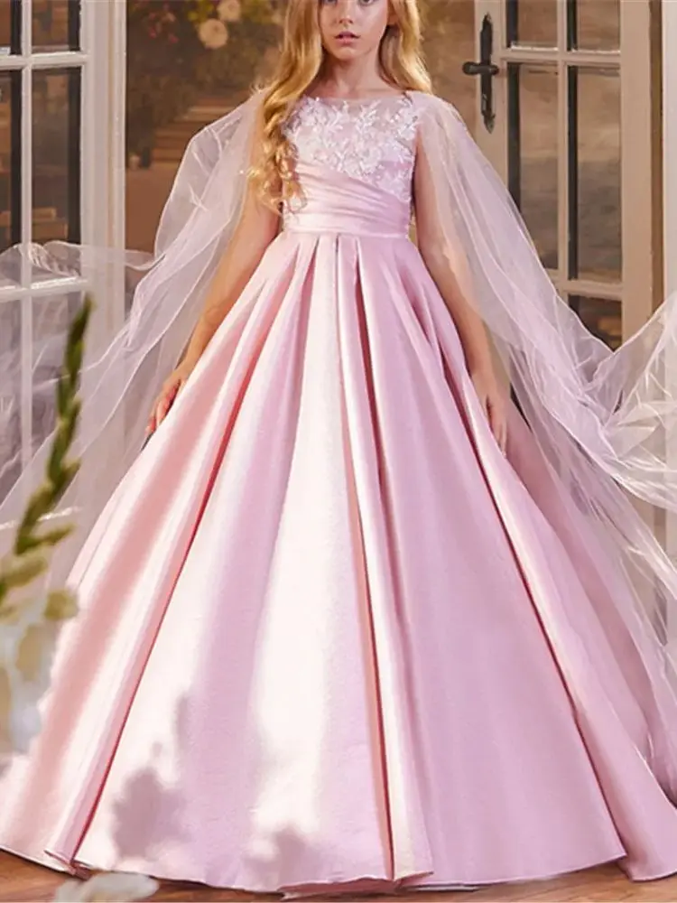 فساتين فتاة الزهور من الساتان الوردي لحفلات الزفاف بدون أكمام بطول الأرض للأطفال وحفلات أعياد الميلاد وحفلات التواصل الأول