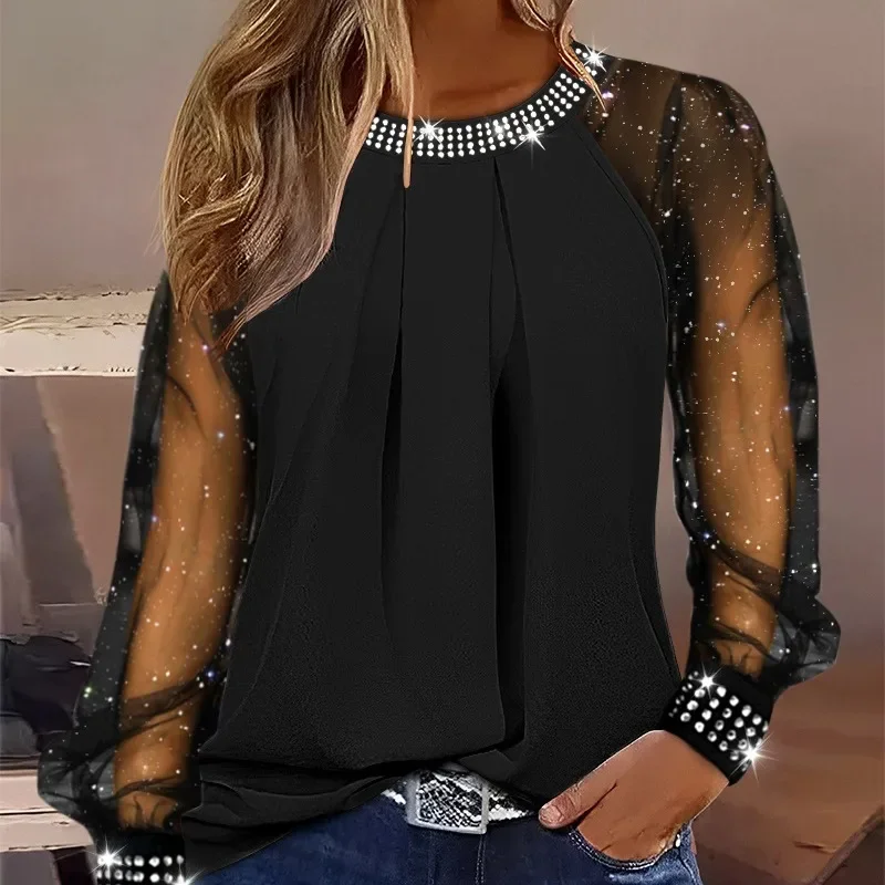 2024 Spring Summer New Women\'s Fashion Pure Color Mesh Stitching Hot Drilling round Neck Long Sleeve Top