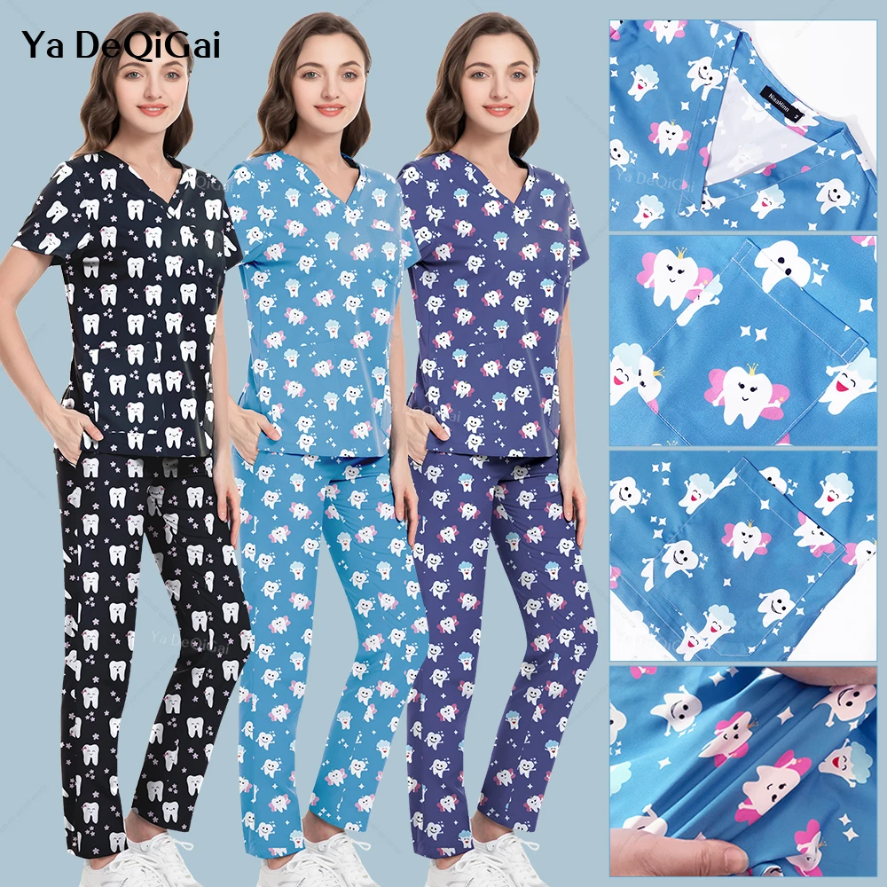 Cartoon Teeth Print Medical Scrubs Set Nurse Nursing Unisex Scrub Uniform Short Sleeve V-Neck Tops Pants With 3 Pockets