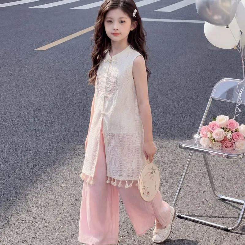 

Girls' New Chinese Embroidery Lace Set 2026 Summer Children's Ancient Style Casual Sleeveless Top Pants 2-piece Set LJ596