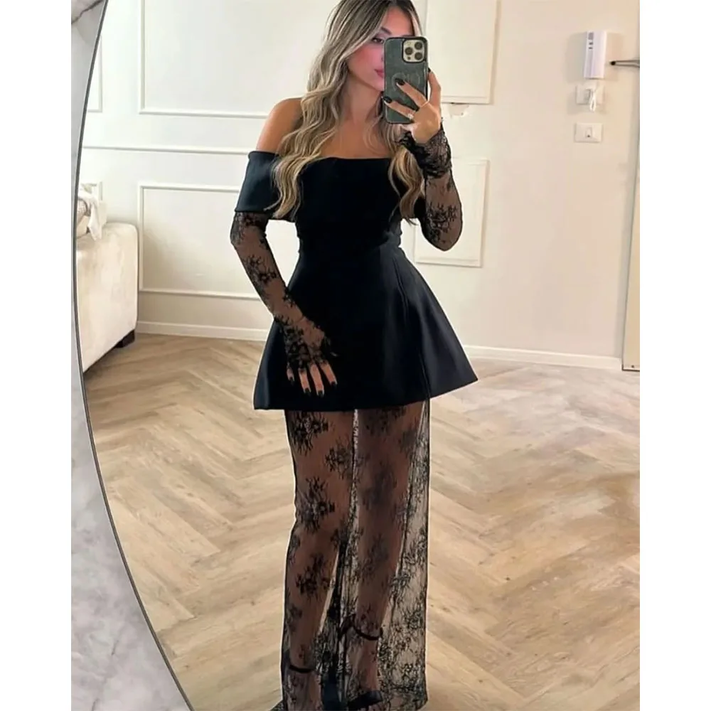 

Black Satin Prom Dresses 2025 Off The Shoulder Lace Sleeves Mini Length Corset Birthday Party Dress for Women Customized