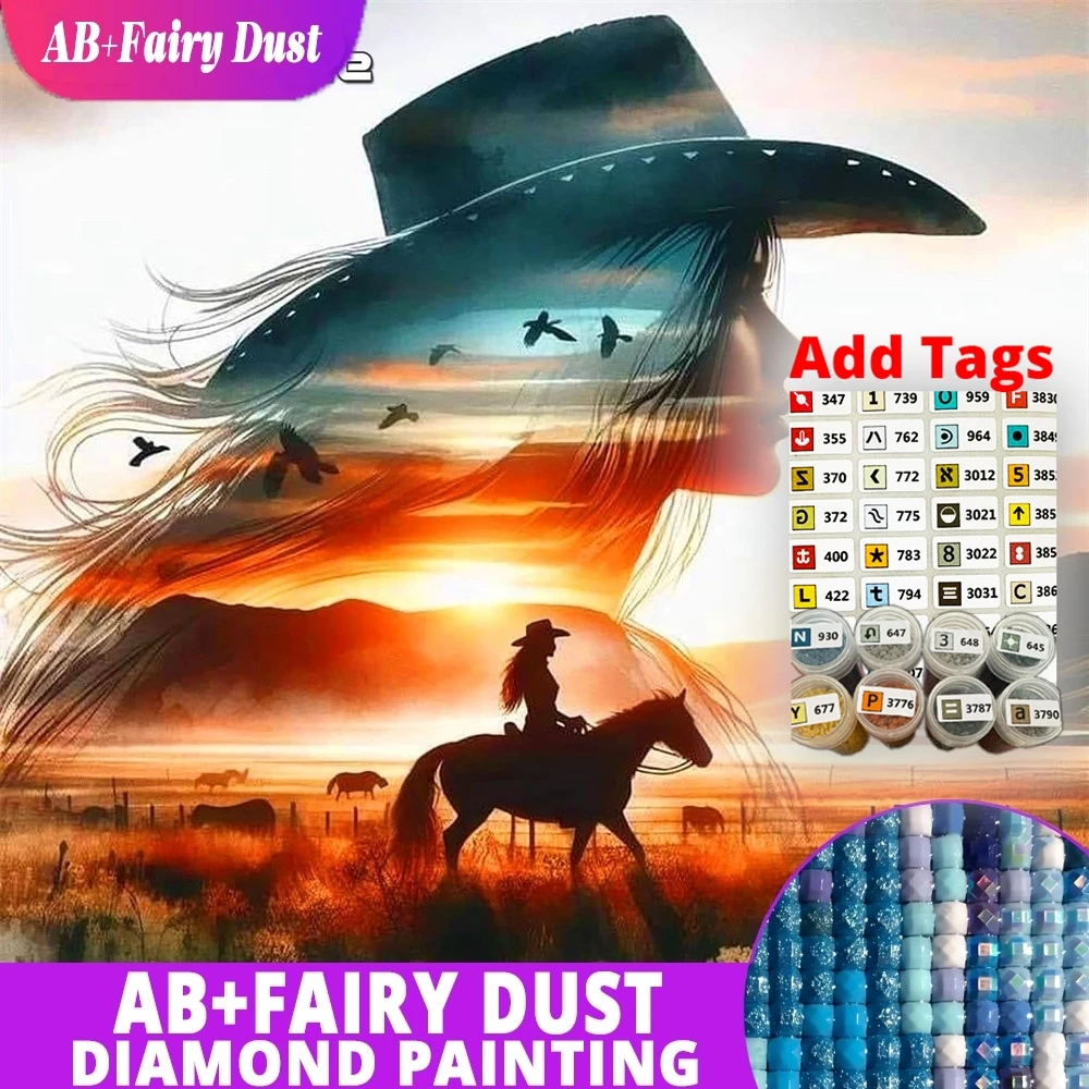 AB Fairy Dust Diamond Painting Cowboy Horse Sunset Double Exposure Full Square Round Mosaic Embroidery Picture Kit Decor