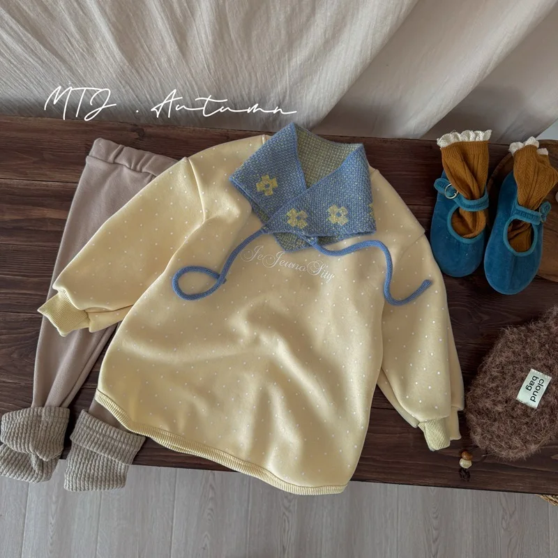

2025 Autumn Winter Girls Boys Yellow One-piece Alpaca Wool Cotton Pullover Sweatshirt Children Thick Polka Dot Sweater 3y-10y