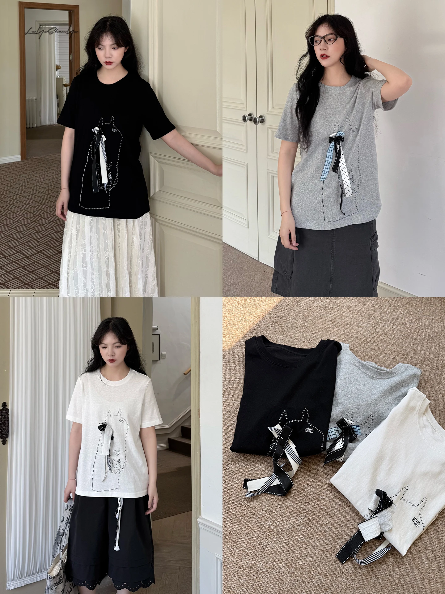 

Land And Mountain Island Original Detachable Pattern Cartoon Short Sleeve T-Shirt Women's Slim Fit round Neck Cotton Top