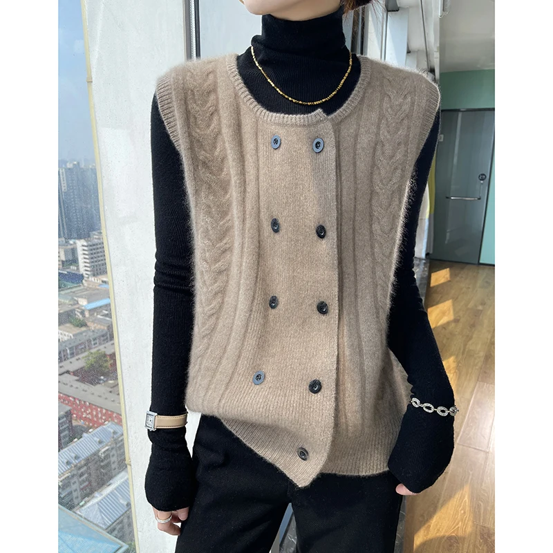 Sleeveless Round Neck Wool Cardigan Vest Women\'s Autumn And Winter solid Color Loose And Fashionable Button Knitted Sweater Top