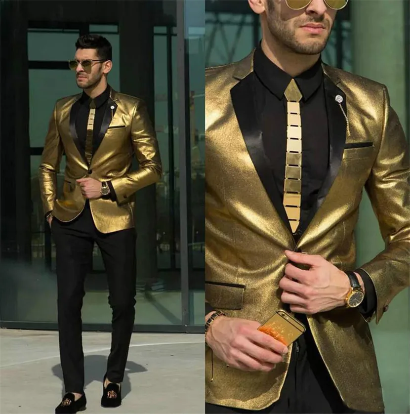 

2023 Fashion Shining Gold Wedding Suits for Men Cheap Tuxedos Slim Fit Bridegroom Wear Best Mens Suits Custom Made(Jacket+Pant)