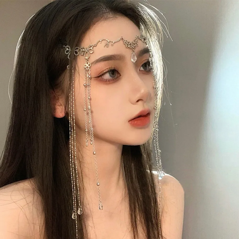 Bohemian Crystal Water Drop Tassel Head Chain Golden Long Tassel Eyebrow Center Pendant Vintage Headband Tassel Parties