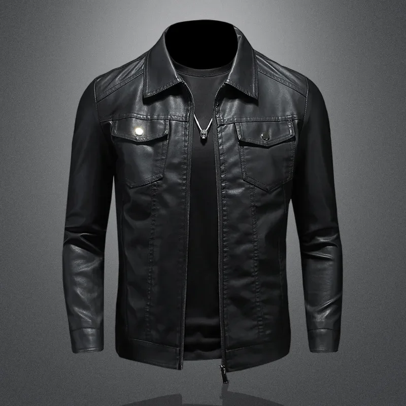 

Men's Motorcycle Leather Jacket Large Size Pocket Black Zipper Lapel Korean Slim Fit Male High Quality PU Leather Coat for Men