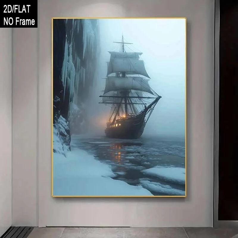 2D Flat, 1pc Extra Large Nautical Sailing Ship in Foggy Arctic Waters Canvas Poster - Modern Maritime Wall Decor for Living Room